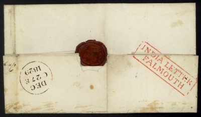 1829 entire letter from Calcutta to Edinburgh with Boxed two line India Letter Falmouth in Red on reverse