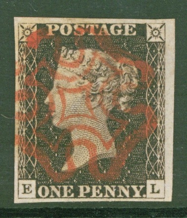 1840 1d Black SG 2  Plate 1B Lettered H.L.  A Very Fine  Used example with 4 Large Margins Neatly Cancelled by a Red M/X