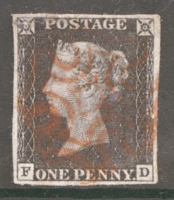 1840 1d Black SG 2 Plate 1B Lettered F.D.  A Fine Used example with 4 Good Margins Cancelled by a Red M/X.