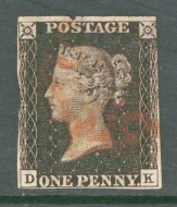 1840 1d Black SG 2  D.K.  A  Fine Used example cancelled by a Red M/X . Reverse thinning