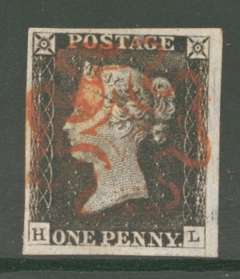 1840 1d Black SG 2 Plate 1B Lettered H.L.  A Very Fine Used example with 4 Large Margins Neatly Cancelled by a Red M/X.