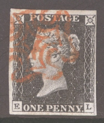 1840 1d Black SG 2  Plate 2 Lettered E.L.  A Very Fine Used example with 4 Clear to Large Margins neatly cancelled by a Red M/X