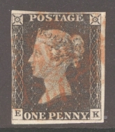 1840 1d Black SG 2  Plate 3 Lettered E.K.  A Very Fine Used example with 3 Good to Large Margins 4th margin just touching  cancelled by a Red M/X