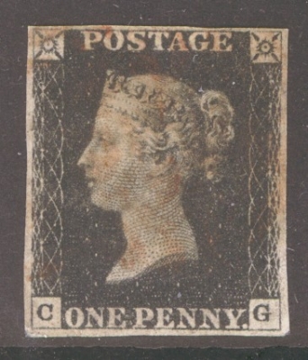 1840 1d Black SG 2  Plate 4 Lettered C.G.  A Fine Used example with 4 clear to good Margins cancelled by a Red M/X