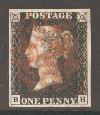 1840 1d Black SG 2  Plate 5 Lettered B.H.  A Very Fine Used example with 4 Large  Margins cancelled by a Red M/X