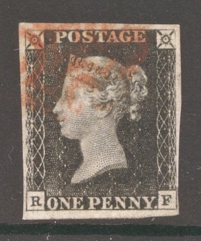 1840 1d Black SG 2  Plate 6 Lettered R.F.  A Fine Used example with 4 Large to close Margins cancelled by a Red M/X