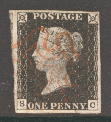 1840 1d Black SG 2  Plate 6 Lettered S.C.  A Very Fine Used example with 4 Good to Large Margins Neatly  Cancelled by a Red M/X