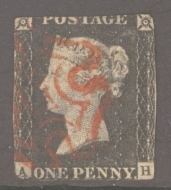 1840 1d Black SG 2 lettered A.H.  A Fine Used example cancelled by a Red M/X. Reverse thin.