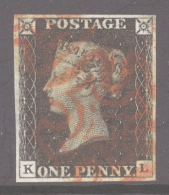 1840 1d Black SG 2  Plate 8 K.L.  A Very Fine Used example with 4 Good Even Margins Neatly Cancelled by a Red M/X