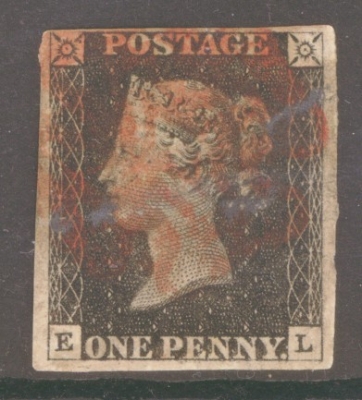 1840 1d Black SG 2  E.L.  A Good Used example with 4 Margins cancelled by a Red M/X. Repaired tear.