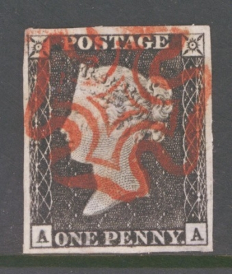 1840 1d Black SG 2  Plate 1a Lettered A.A.  A Superb  Used example with 4 Large even Margins Neatly Cancelled by an Attr…