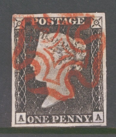 1840 1d Black SG 2  Plate 1a Lettered A.A.  A Superb  Used example with 4 Large even Margins Neatly Cancelled by an Attractive Bright  Red M/X