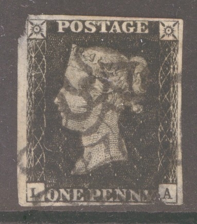 1840 1d Black SG 2  L.A.  A Fine Used example with 3 Margins cancelled by a Black M/X. Reverse thinning.