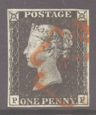 1840 1d Black SG 2  Plate 4 Lettered P.F.  A Very Fine Used example with 4 Good Even Margins Neatly cancelled by a Red M/X