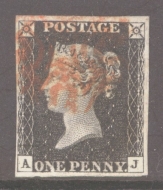 1840 1d Black SG 2  Plate 6 Lettered A.J.  A Fine Used example with 4 Good to Large Margins cancelled by a Red M/X
