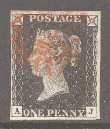1840 1d Black SG 2  Plate 6 Lettered A.J.  A Fine Used example with 4 Good to Large Margins cancelled by a Red M/X