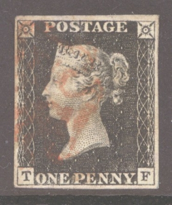 1840 1d Black SG 2  Plate 7 Lettered T.F.  A Fine Used example with 4 Good Margins cancelled by a Red M/X