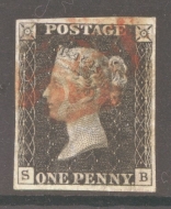 1840 1d Black SG 2  Plate 8 Lettered S.B.  A Fine Used example with 4 Good to Large Margins cancelled by a Red M/X