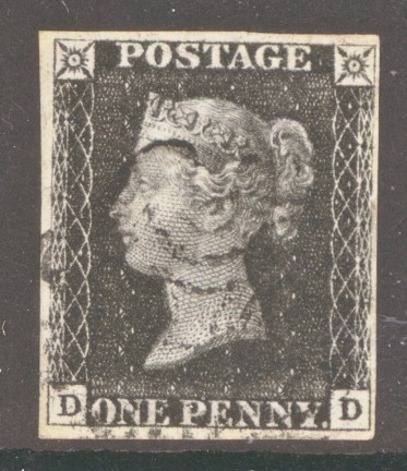 1840 1d Black SG 2  Plate 8 Lettered D.D.  A Very Fine Used example with 4 Good to Large Margins neatly cancelled by a Black M/X