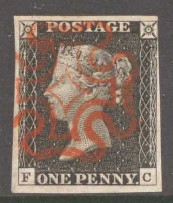 1840 1d Black SG 2  Plate 2 Lettered F.C.   A Superb Used example with 4 Clear to Large Margins Neatly Cancelled by a Superb Bright Red M/X.