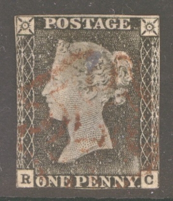1840 1d Grey Black SG 3 lettered R.C.  A Fine Used example showing Plate wear lightly cancelled by a Red M/X. Reverse thin.