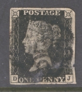 1840 1d Black SG 2  D.J.  A Good Used example with 4 Margins. Thin + repaired