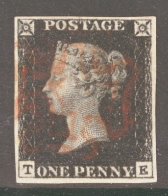 1840 1d Intense Black SG 1 Plate 5 T.E.  A Very Fine Used example with Extra Deep Colour and 4 Good Even Margins lightly cancelled by a Red M/X.