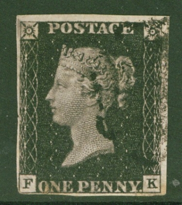 1840 1d Intense Black SG 1 Plate 10 F.K.  A Fine Used example with 4 Close to Large Margins Cancelled by a Black M/X.