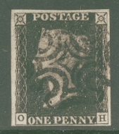 1840 1d Intense Black SG 1 Plate 5 lettered O.H.  A Very Fine Used example with 4 Large to Clear Margins Neatly cancelled by an upright Black  M/X. 