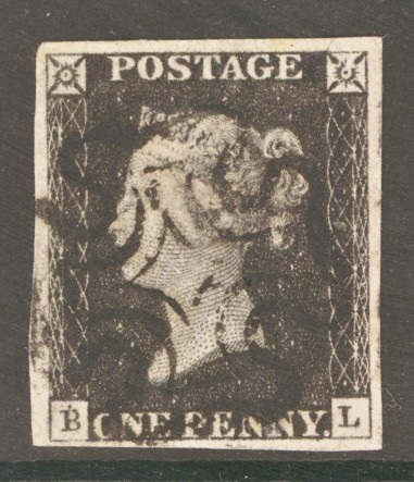 1840 1d Intense Black SG 1 Plate 1B Lettered B.L.  A Very Fine Used example with 4 Large Margins Neatly Cancelled by a Black M/X.