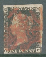 1840 1d Intense Black SG 1  Plate 9 Lettered O.F.  A Fine Used example with 3 Margins cancelled by a Red M/X. Cat £625