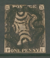 1840 1d Intense Black SG 1  P.I.  A Fine Used example neatly cancelled by a Black M/X. Reverse thin