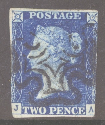 1840 2d Blue SG 5 lettered J.A.  A Fine Used example cancelled by an upright Black M/X.