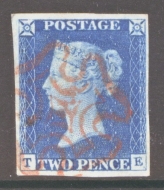 1840 2d Blue SG 5 Plate 1 lettered T.E.  A Superb Used example in a Bright Shade with 4 Large Margins Neatly Cancelled by a Superb Bright Red M/X
