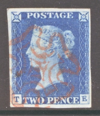 1840 2d Blue SG 5 Plate 1 lettered T.E.  A Superb Used example in a Bright Shade with 4 Large Margins Neatly Cancelled b…