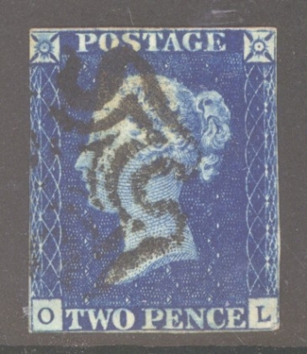 1840 2d Deep Blue SG 4 Plate 1 lettered O.L.  A Fine Used example with 3 very close margins neatly cancelled by a black …