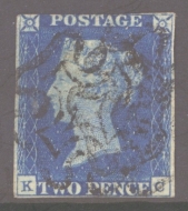 1840 2d Blue SG 5 Plate 1 lettered K.C.  A Very Fine Used example with 3 Clear to Good Margins Cancelled by a Black M/X