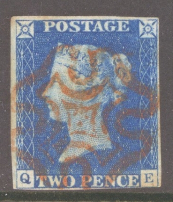 1840 2d Blue SG 5 Plate 1 lettered Q.E.  A Very Fine Used example with 3 Good Margins 4th margin just touching, Cancelle…