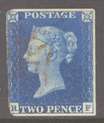 1840 2d Blue SG 5 Plate 1 lettered R.F.  A Very Fine Used example with 3 Good Margins Lightly Cancelled by a Red M/X