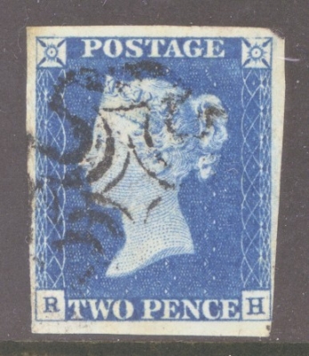 1840 2d Blue SG 5 Plate 1 lettered R.H.  A Very Fine Used example with 4 Clear to Large Margins Neatly Cancelled by a Black M/X