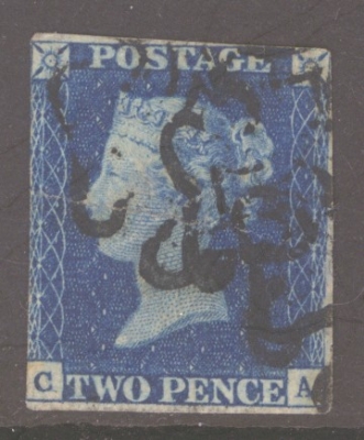 1840 2d Blue SG 5 Plate 2 lettered C.A.  A Good Used example cancelled by a black M/X . Reverse thin