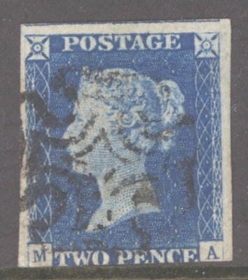 1840 2d Blue SG 5 Plate 2 lettered M.A.  A Very Fine Used example with 3 Large Margins Neatly Cancelled by a Black M/X