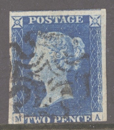 1840 2d Blue SG 5 Plate 2 lettered M.A.  A Very Fine Used example with 3 Large Margins Neatly Cancelled by a Black M/X