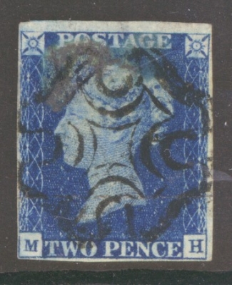 1840 2d Blue SG 5 Plate 2 lettered M.H.  A Good Used example with 4 close margins cancelled by a black M/X. Reverse thin