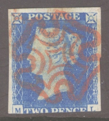 1840 2d Blue SG 5 Plate 2 lettered M.L.  A Very Fine Used example with 3 Large Margins Cancelled by a Superb Bright Red …