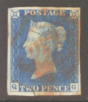 1840 2d Blue SG 5 Plate 2 lettered Q.G.  A Good Used example with 4 Margins cancelled by a Red m/X. Tear bottom left corner