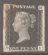 1840 1d Black SG 2 Plate 5 lettered G.I.  A Very Fine Used example with 3 Good to Large Margins lightly cancelled by a Red M/X.