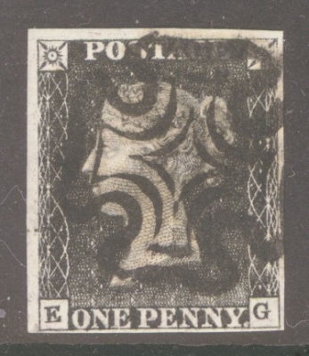 1840 1d Black SG 2 Plate 6 lettered E.G.  A Very Fine Used example with 4 Clear to Large Margins cancelled by a Black M/X.