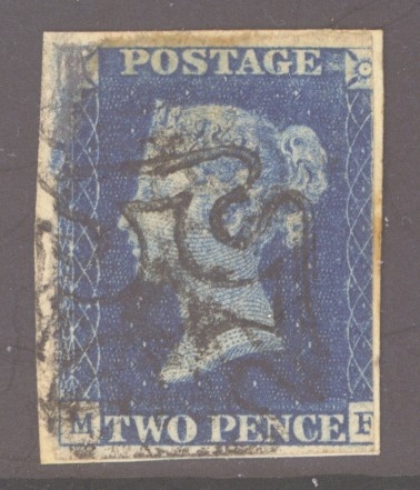 1840 2d Blue SG 5 lettered M.F.  A Fine Used example tied to small piece cancelled by a Black M/X. Corner fault.