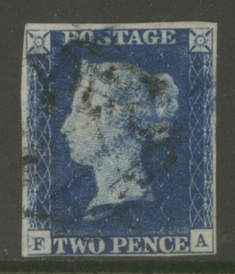 1840 2d Blue SG 5 Plate 1  Lettered F.A.  A Fine Used example with 4 Good to Large Margins Lightly cancelled by a Black …